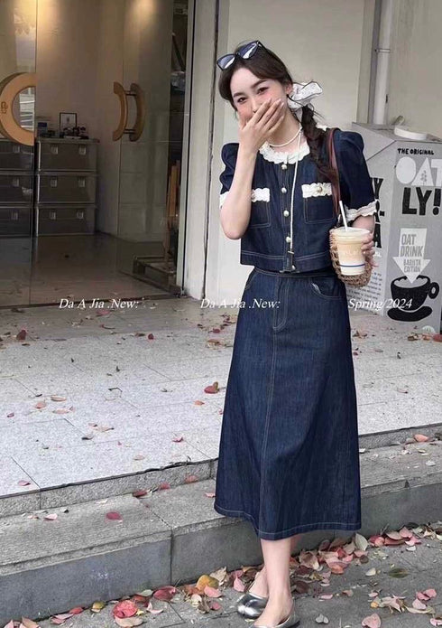 Ladies Denim Trendy Skirt With Lace Crop Tops Sets